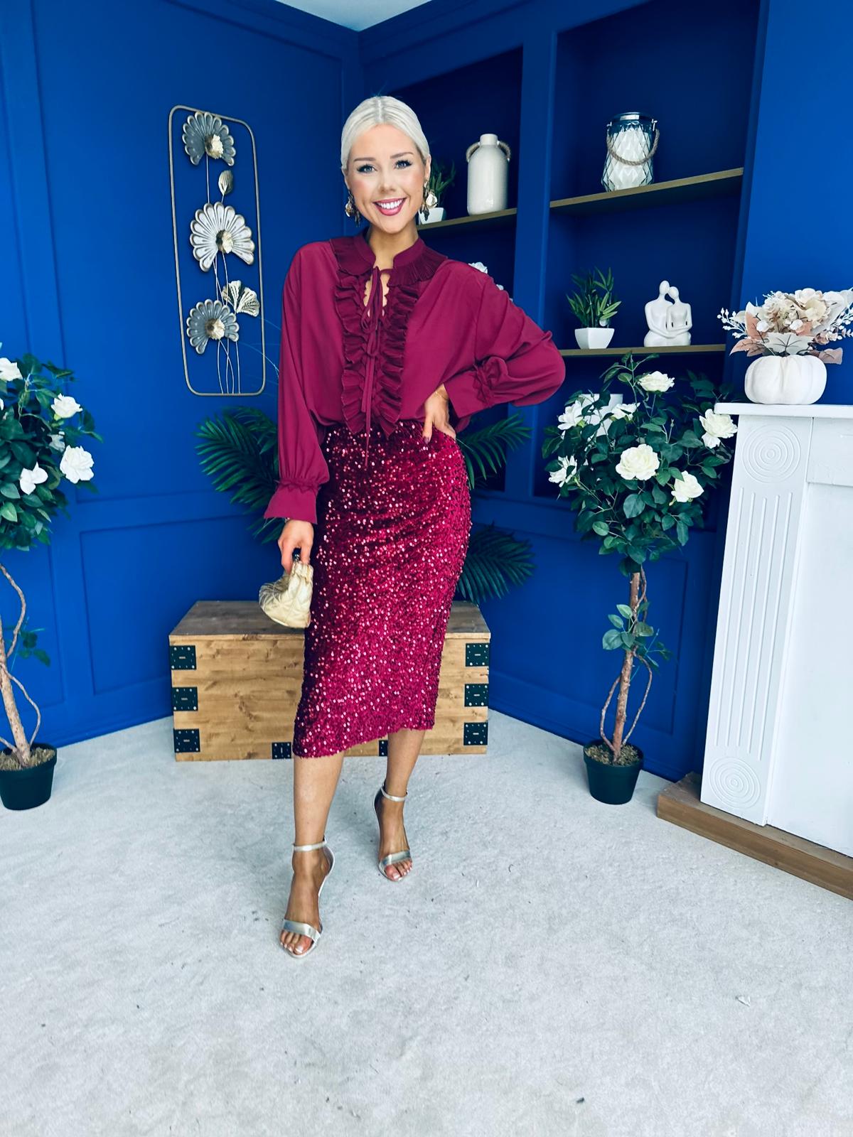 Pepper Velvet Sequin Midi Skirt Wine