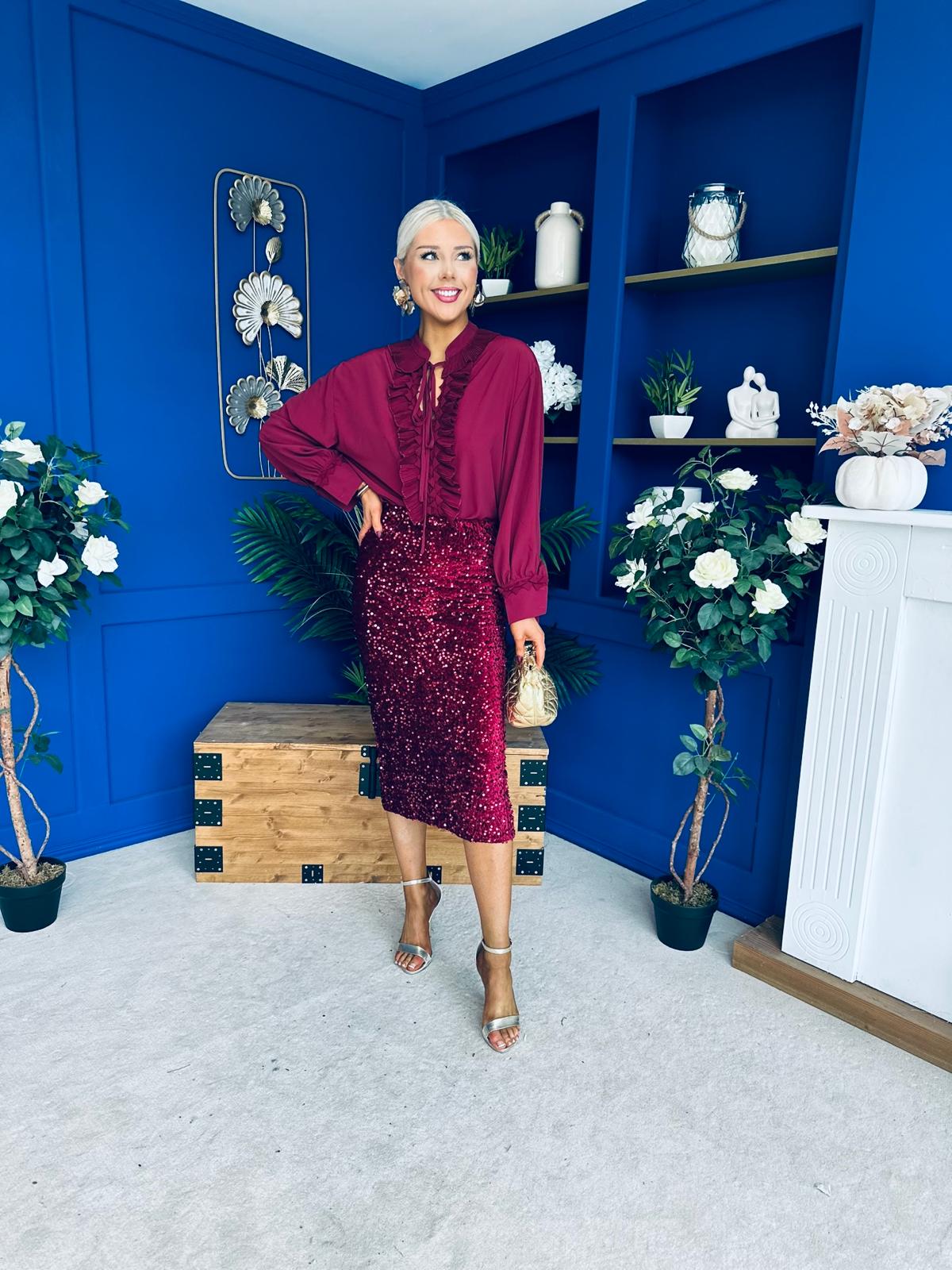 Pepper Velvet Sequin Midi Skirt Wine