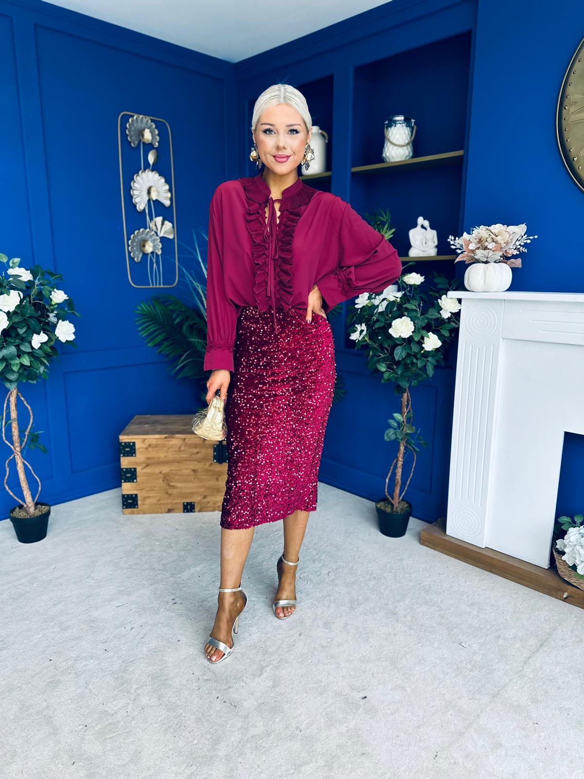 Pepper Velvet Sequin Midi Skirt Wine