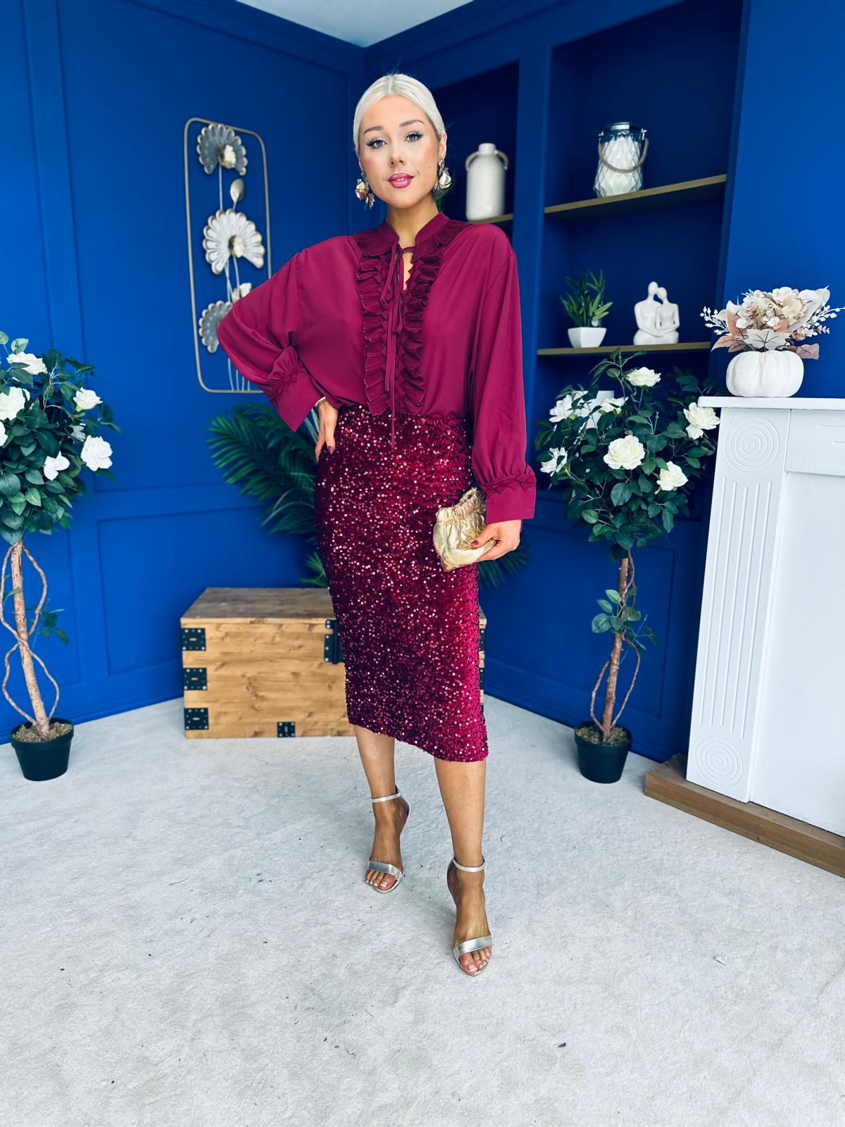 Pepper Velvet Sequin Midi Skirt Wine