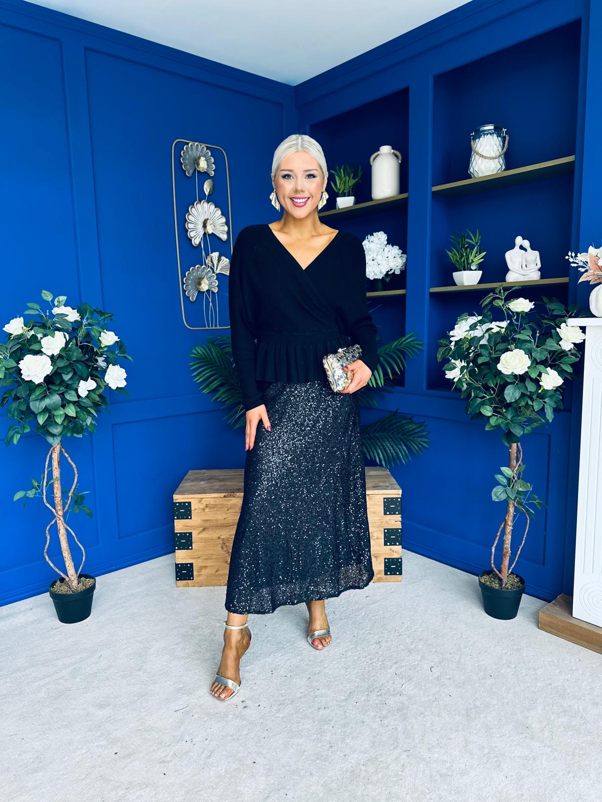 Jean Sequin Midi Skirt Black