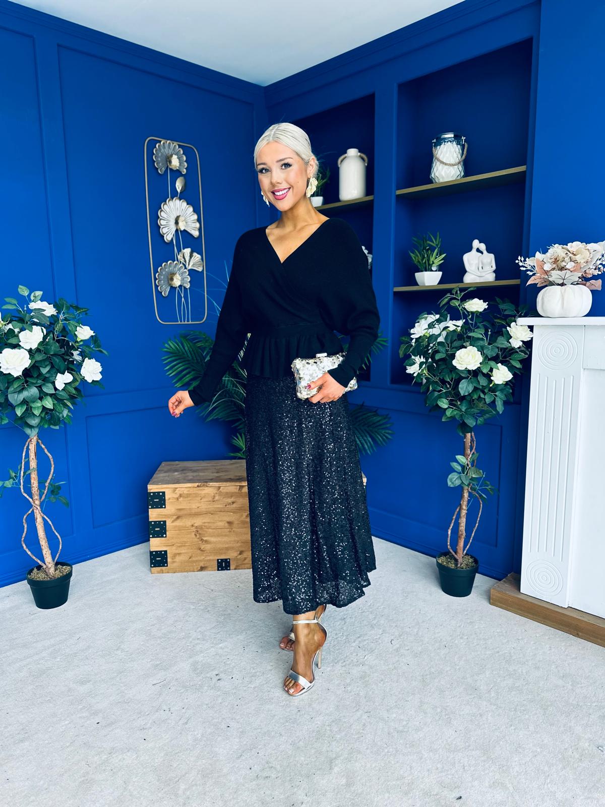 Jean Sequin Midi Skirt Black