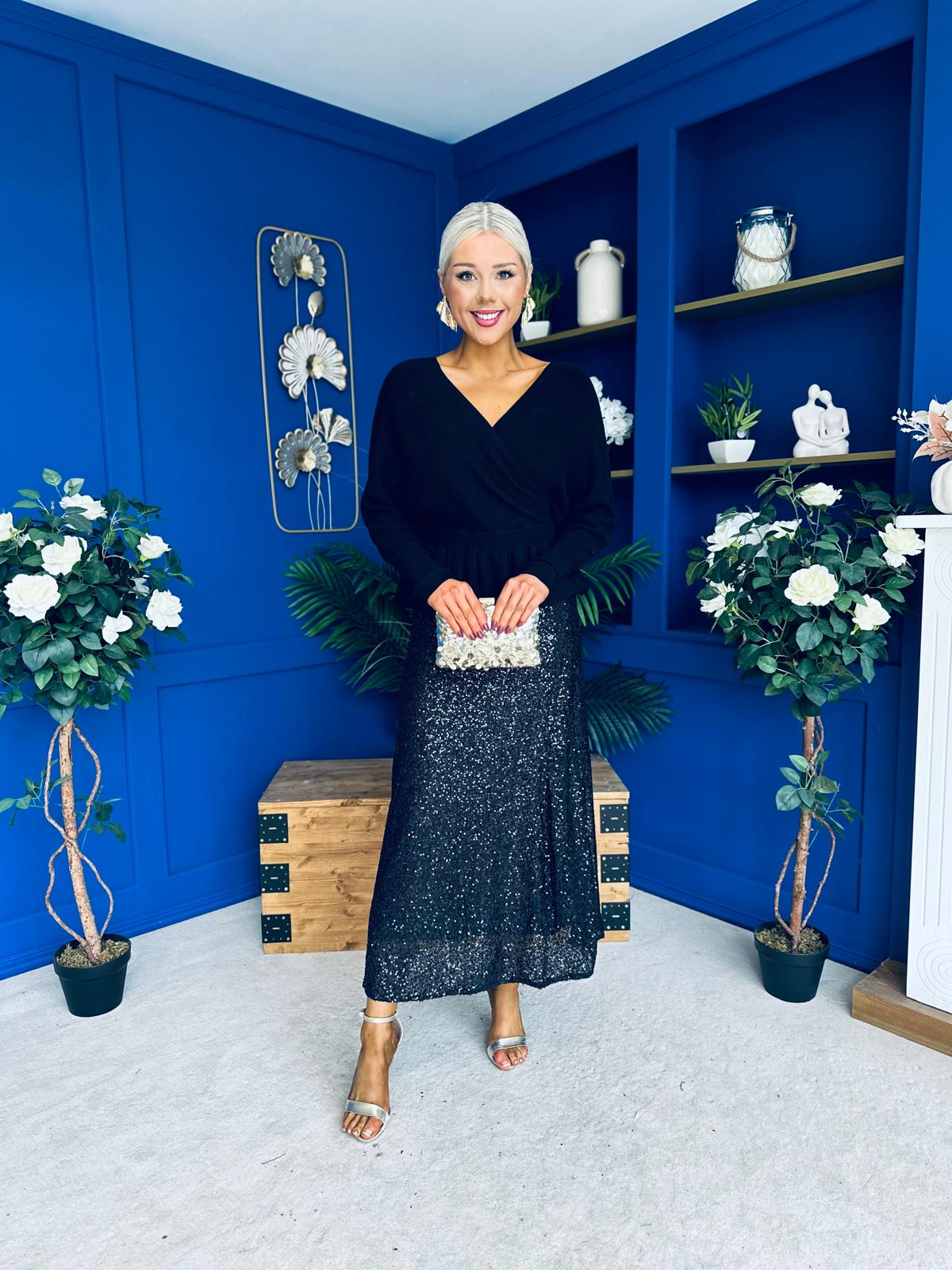 Jean Sequin Midi Skirt Black