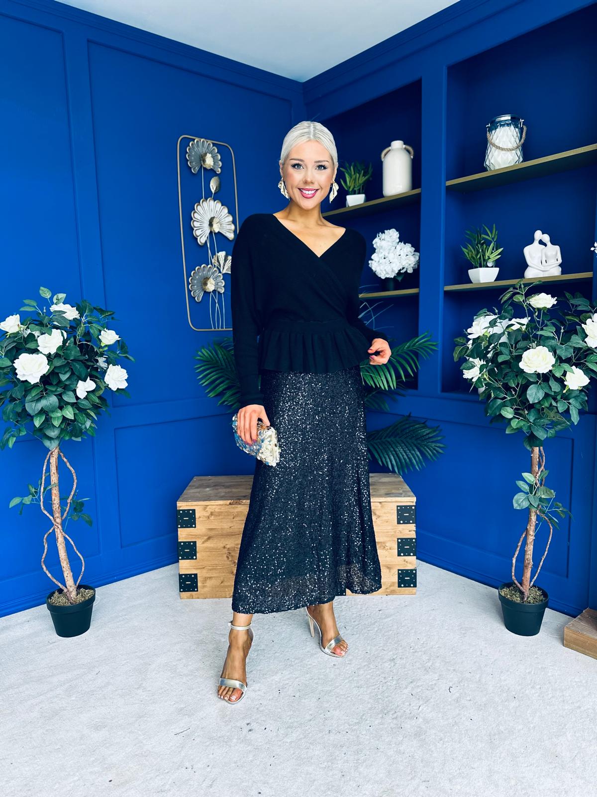 Jean Sequin Midi Skirt Black