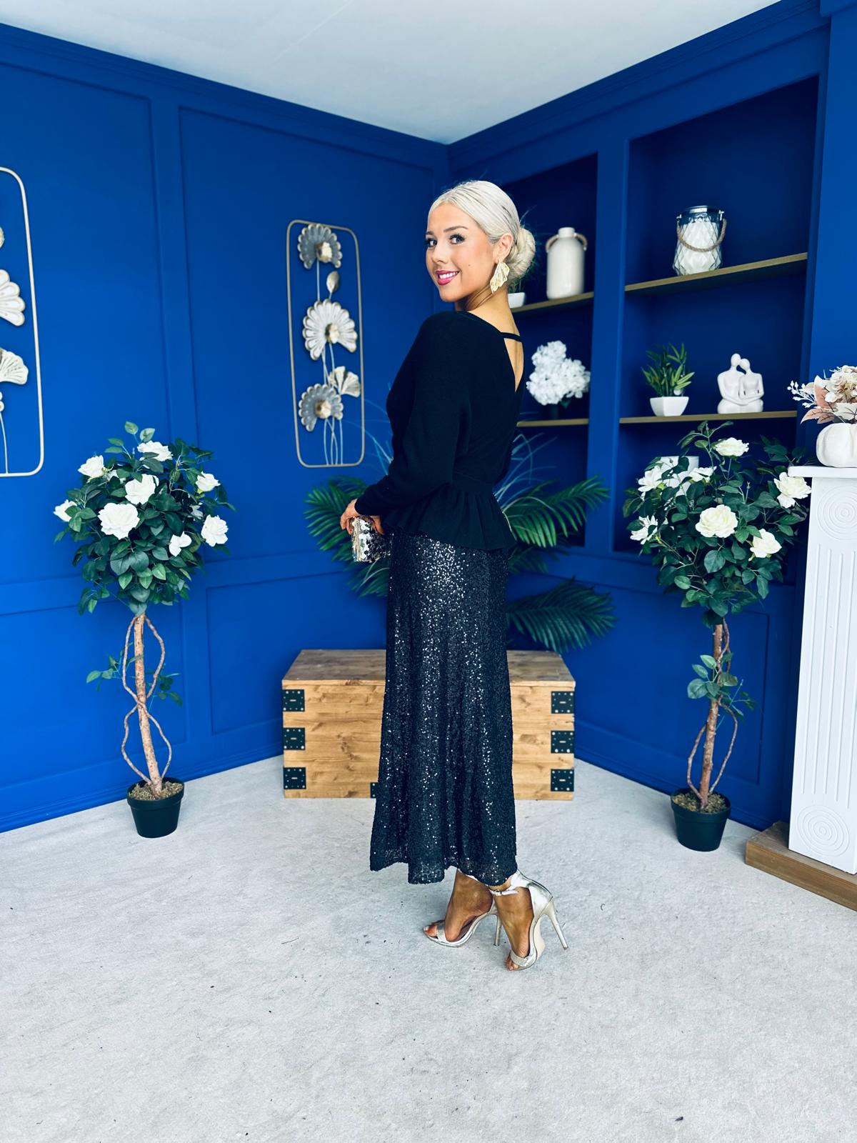 Jean Sequin Midi Skirt Black