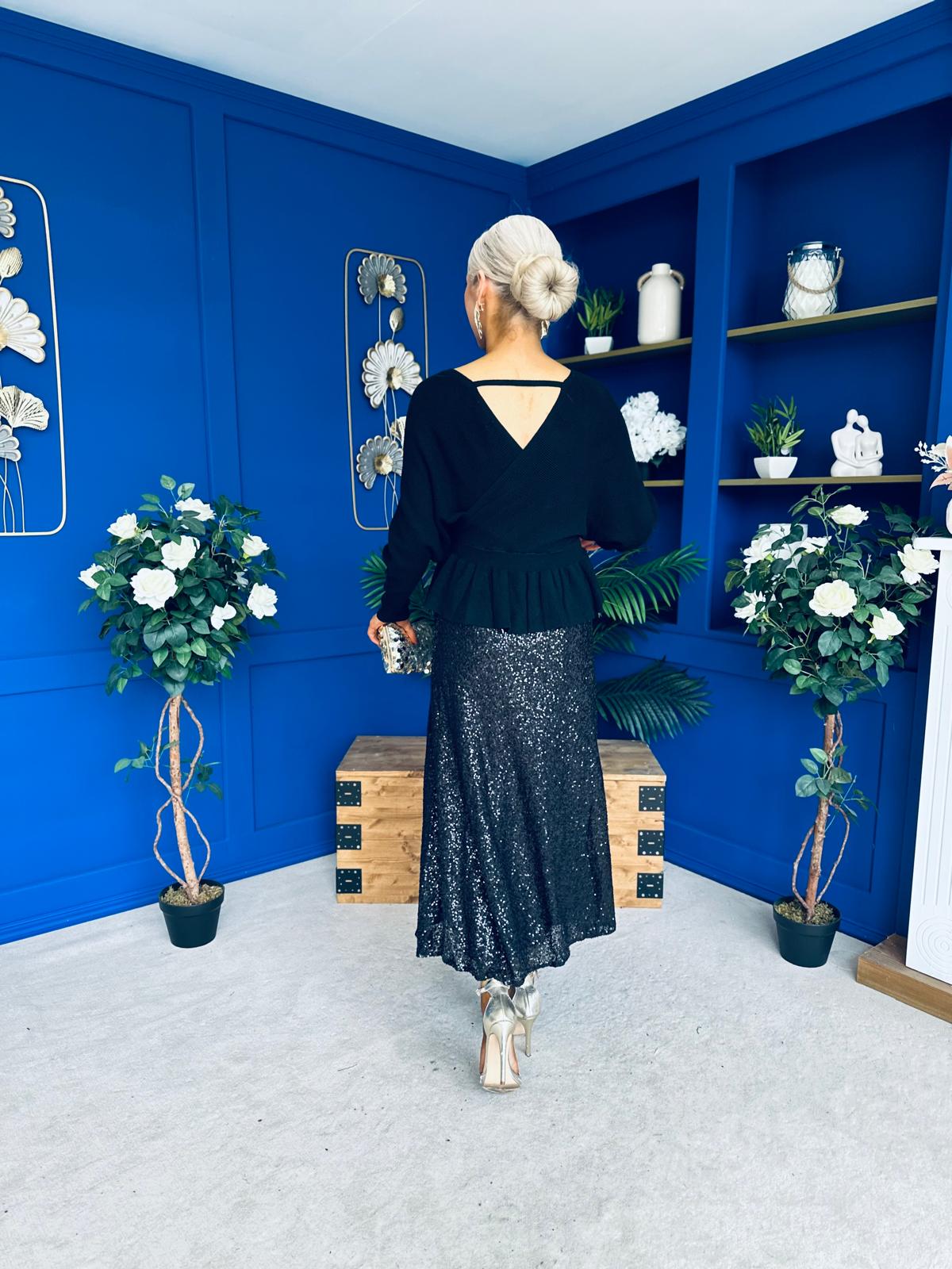 Jean Sequin Midi Skirt Black