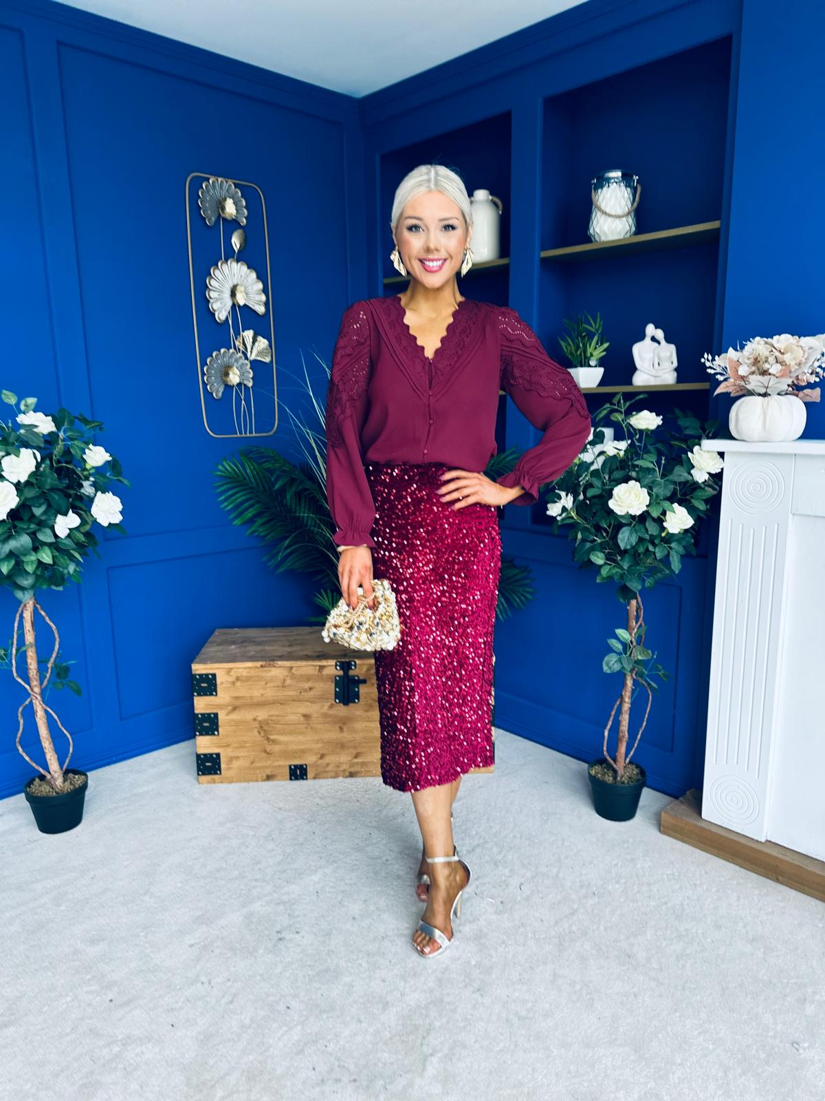 Pepper Velvet Sequin Midi Skirt Wine