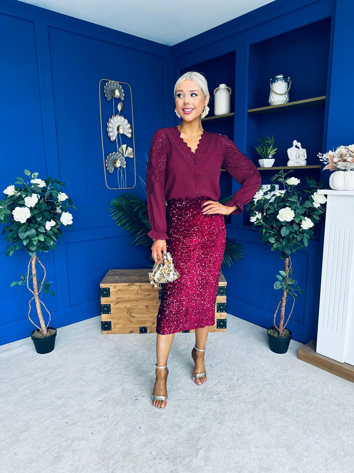 Pepper Velvet Sequin Midi Skirt Wine