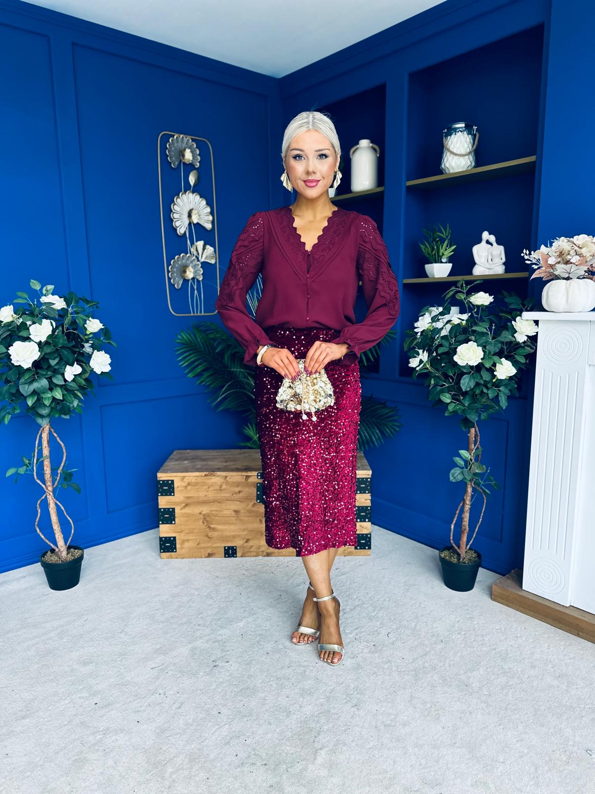 Pepper Velvet Sequin Midi Skirt Wine