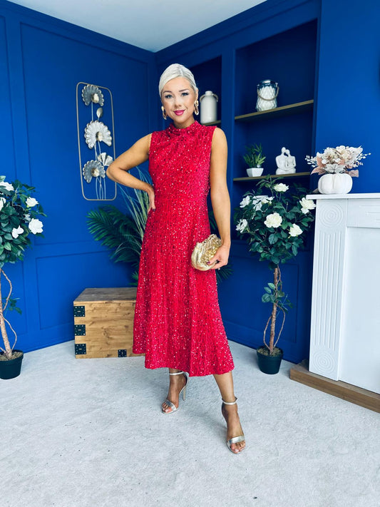 Parker Sequin Occasion Midi Dress Red