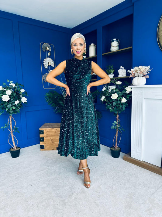 Parker Sequin Occasion Midi Dress Forest