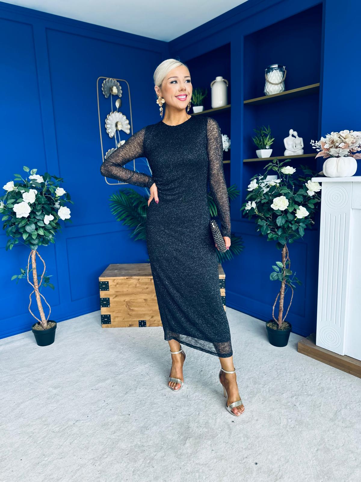 Sophia Gathered Shimmer Maxi Dress Black