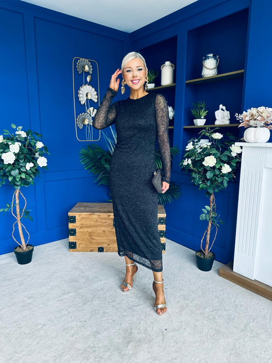 Sophia Gathered Shimmer Maxi Dress Black
