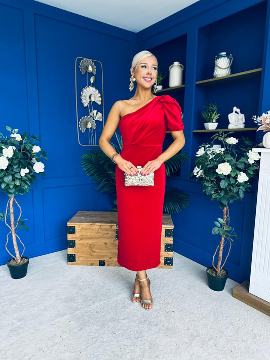 Nadia One Shoulder Velvet Occasion Dress Red