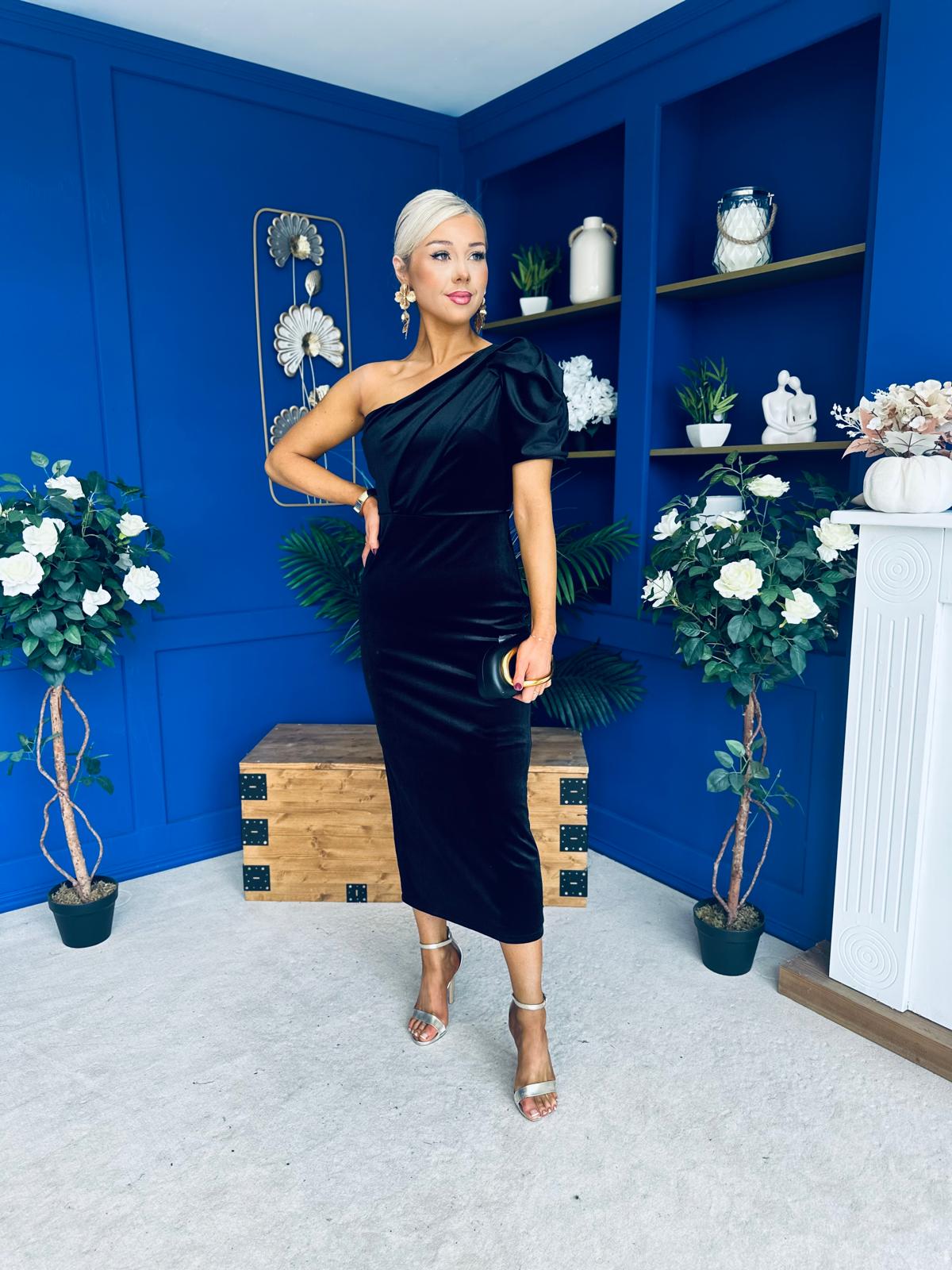 Nadia One Shoulder Velvet Occasion Dress Black