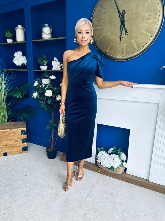 Nadia One Shoulder Velvet Occasion Dress Navy