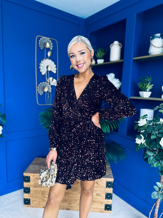 Freah Detailed Sequin Mini Dress Coffee