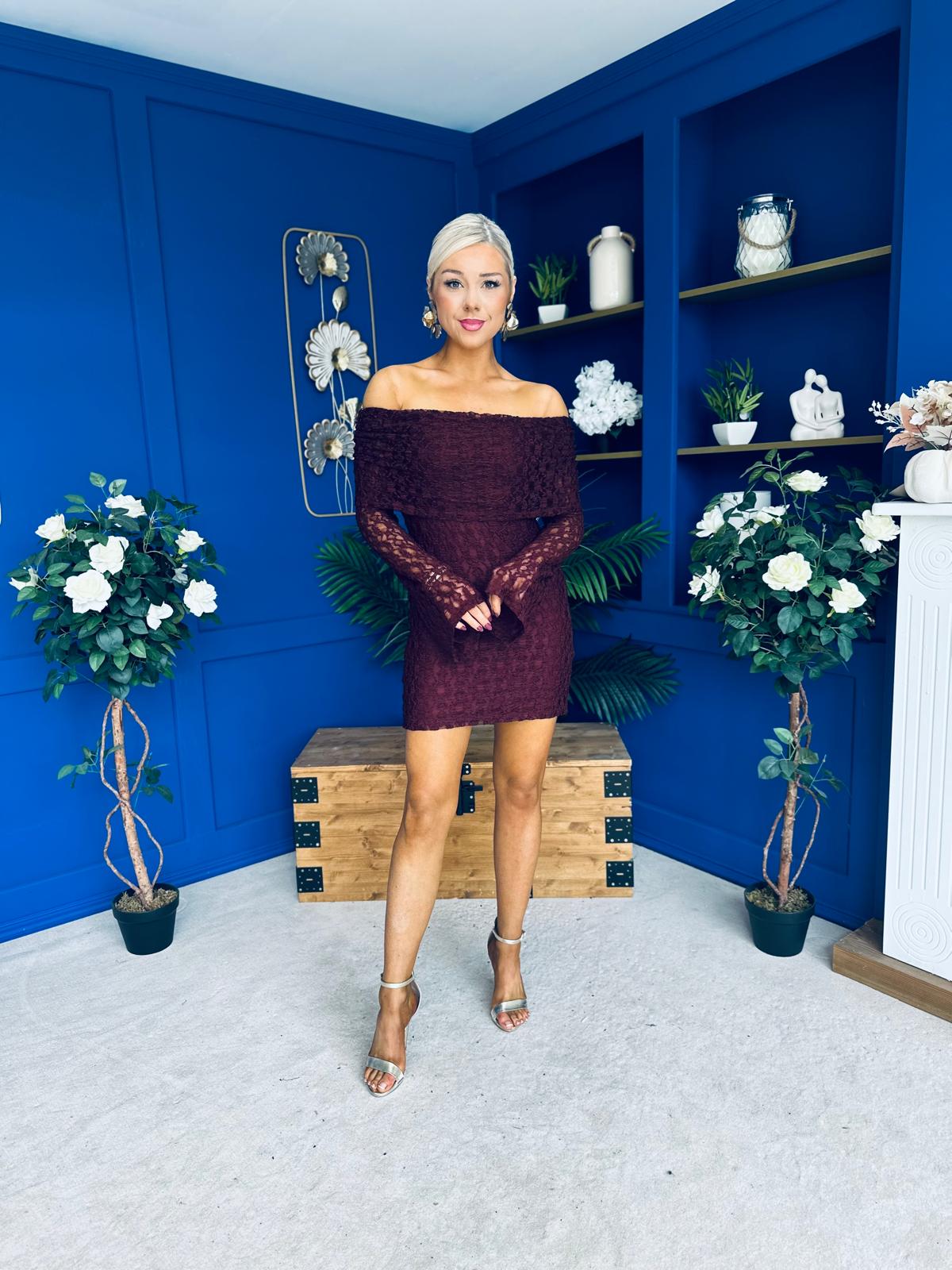 Thea Bardot Mini Dress Burgundy