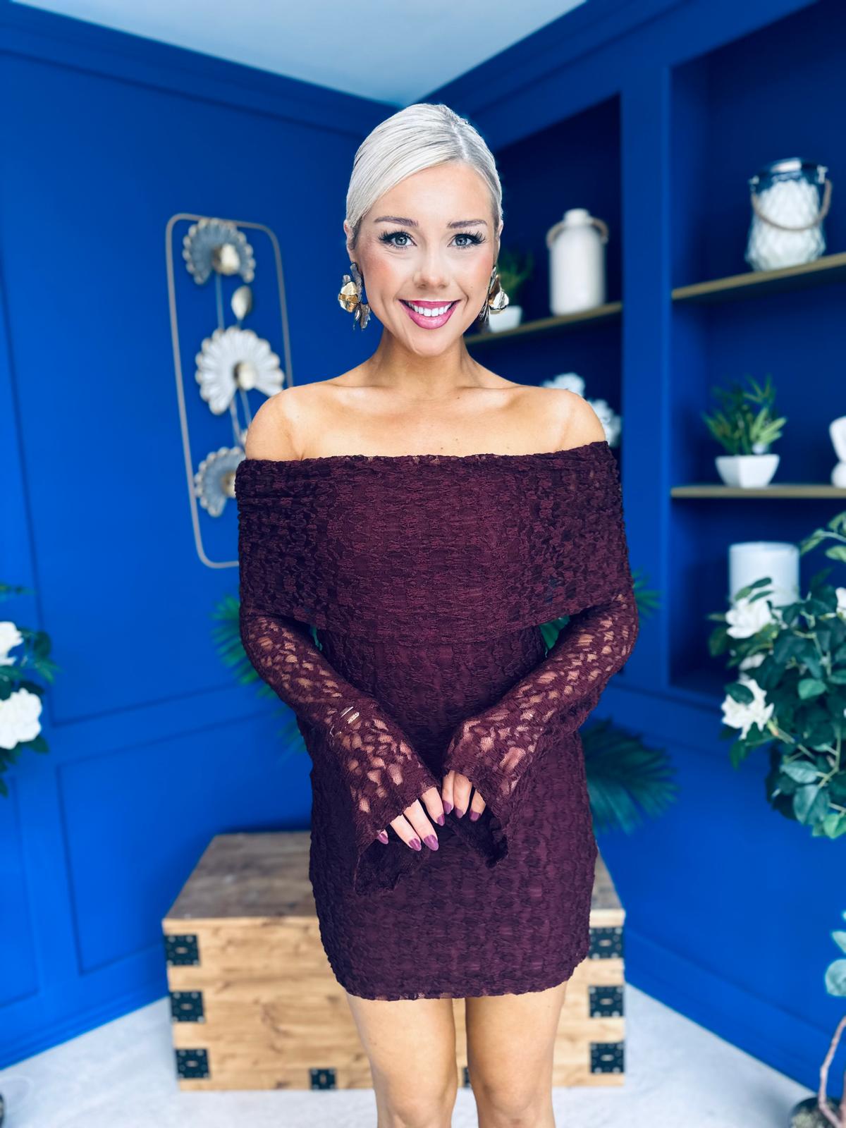 Thea Bardot Mini Dress Burgundy