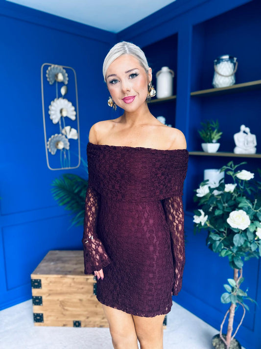Thea Bardot Mini Dress Burgundy