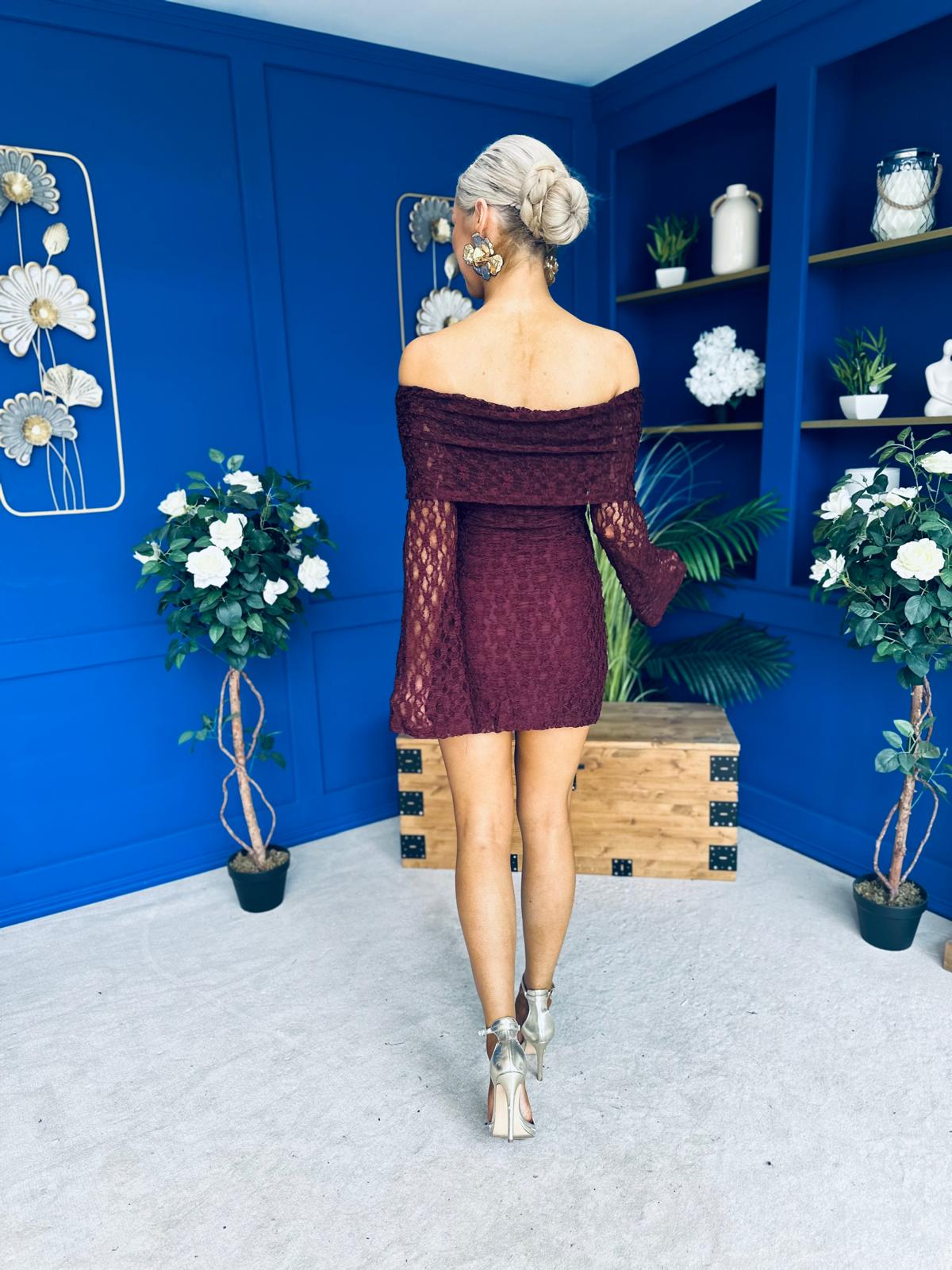Thea Bardot Mini Dress Burgundy