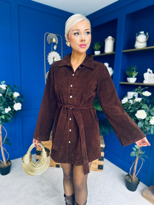 Opal Faux Velvet Mini Shirt Dress Coffee