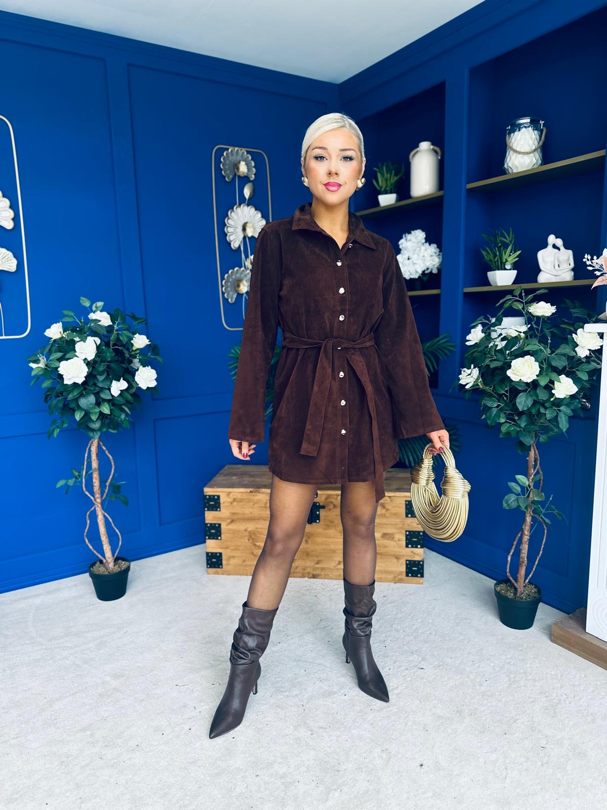 Opal Faux Velvet Mini Shirt Dress Coffee