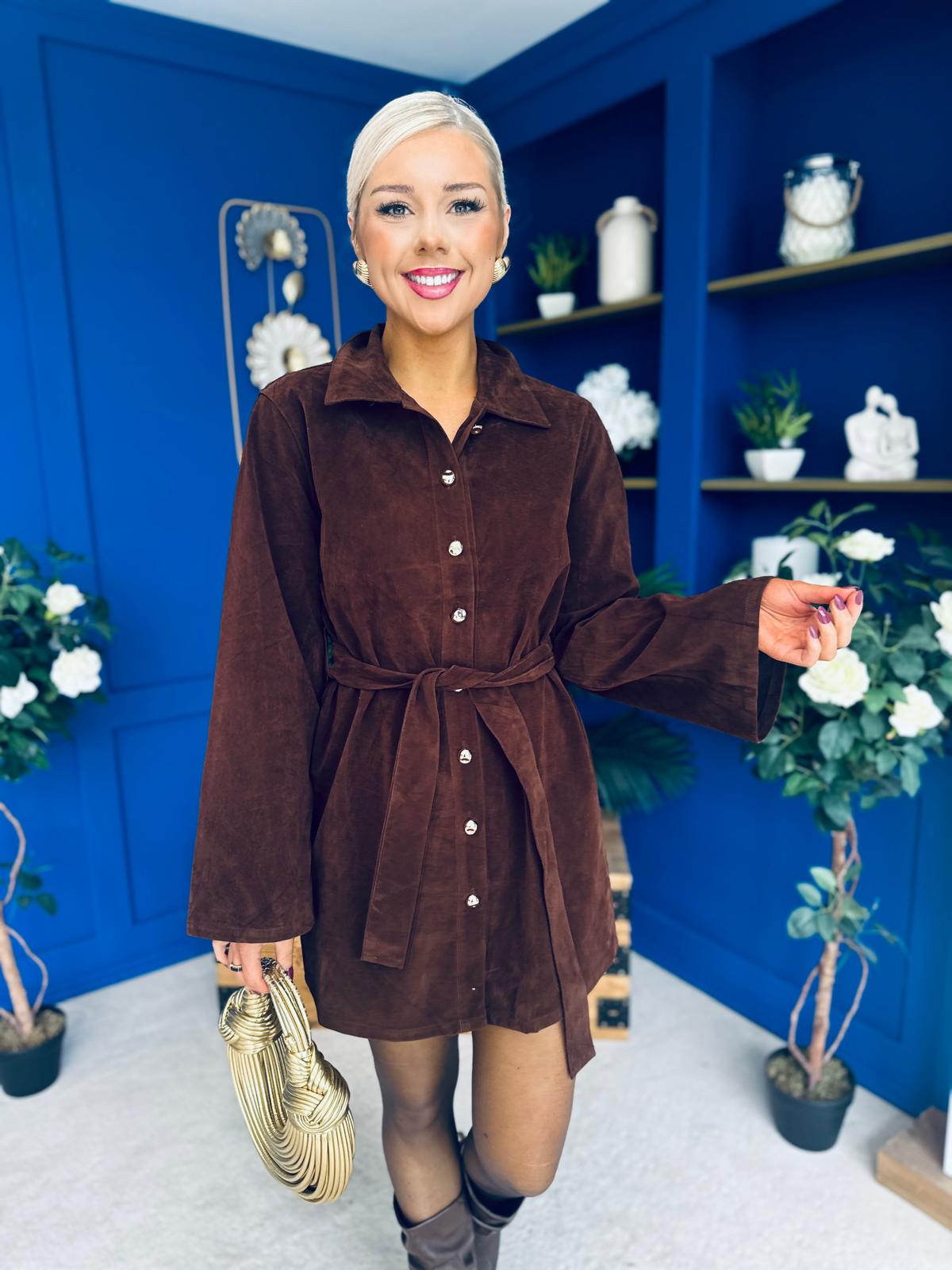 Opal Faux Velvet Mini Shirt Dress Coffee