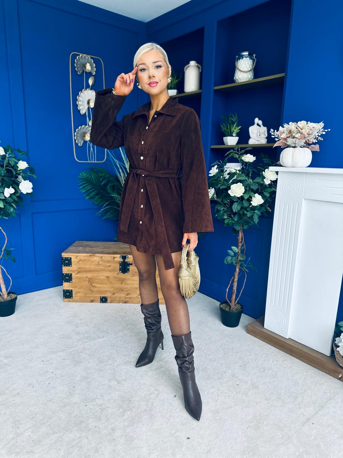 Opal Faux Velvet Mini Shirt Dress Coffee