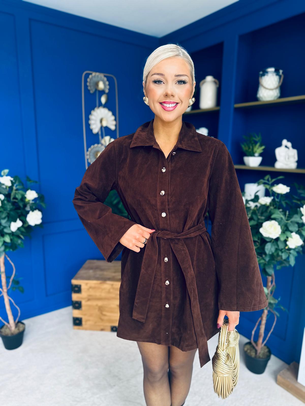 Opal Faux Velvet Mini Shirt Dress Coffee