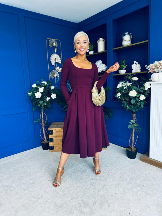 Evie Square Neck Long Sleeve Midi Dress Plum