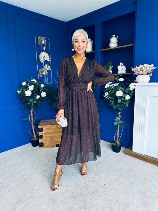Sabrina Banded Midi Dress Polka Coffee