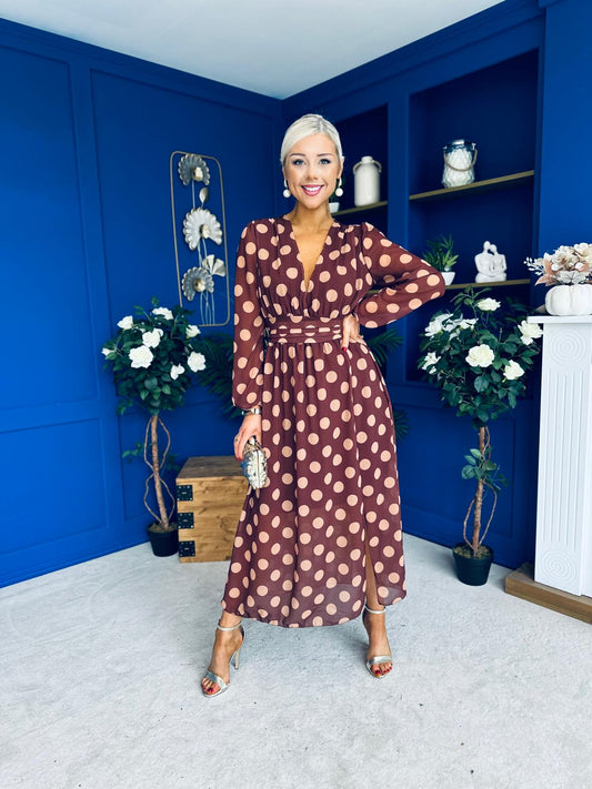 Sabrina Banded Midi Dress Polka Chocolate