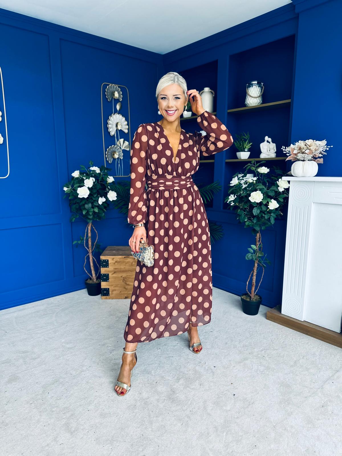 Sabrina Banded Midi Dress Polka Chocolate
