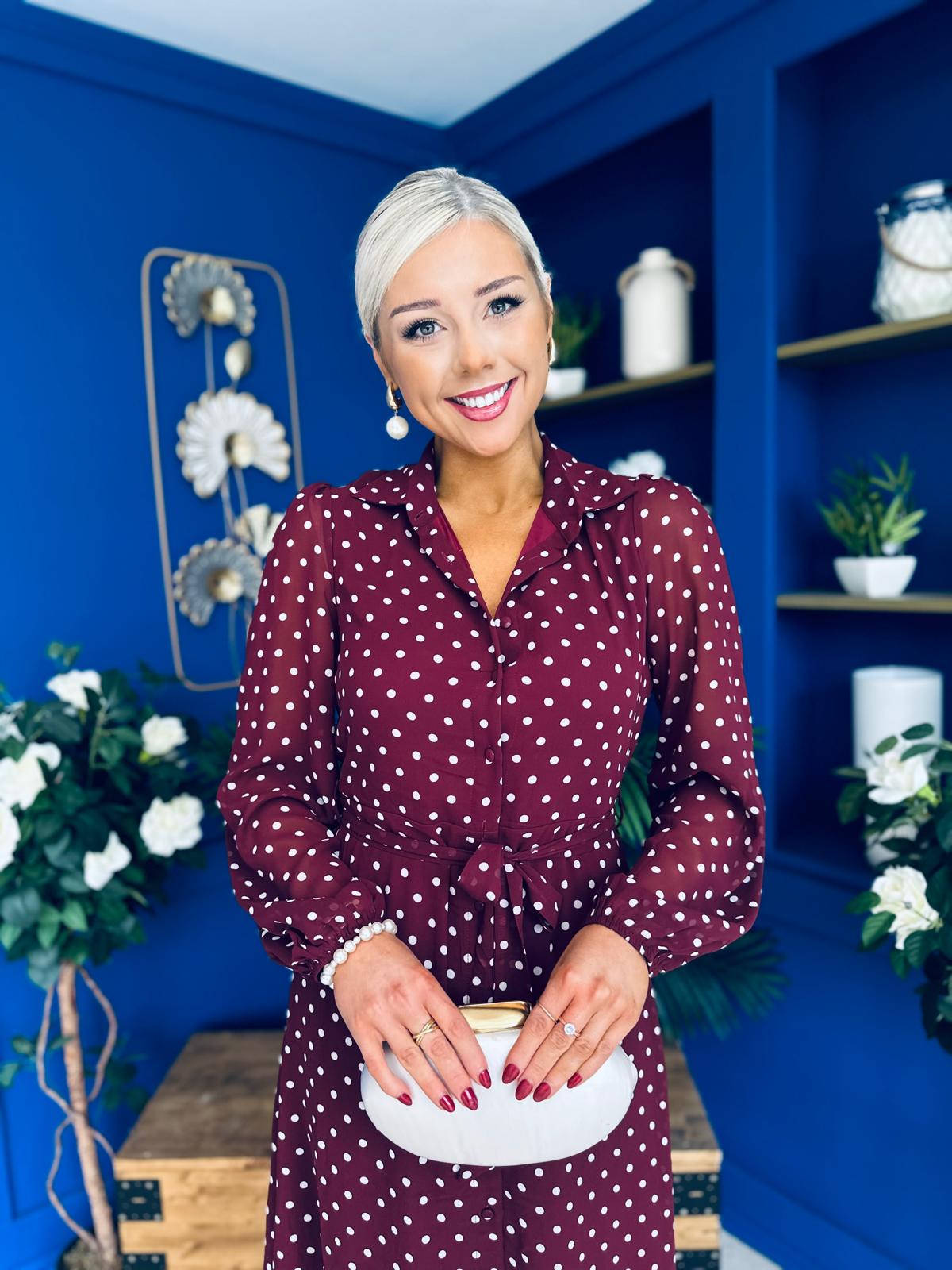 Kaya Print Midi Shirt Dress Polka Wine