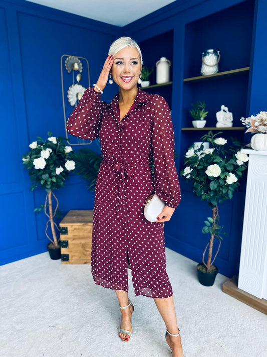 Kaya Print Midi Shirt Dress Polka Wine