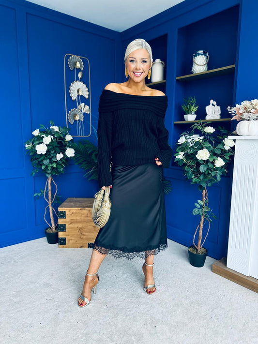 Jade Detailed Satin Midi Skirt Black