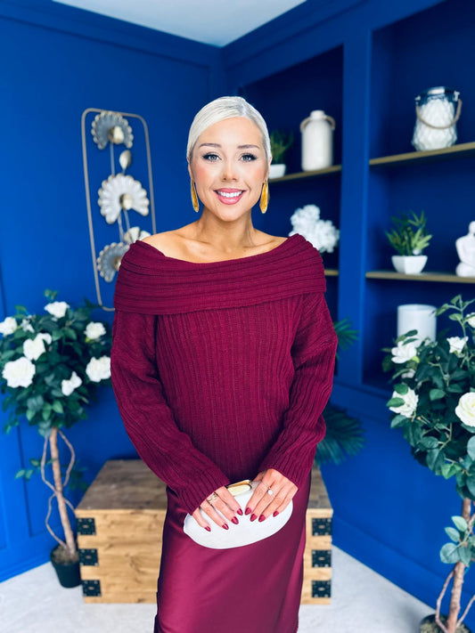 Tia Off Shoulder Knit Jumper Wine