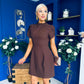 Ami Tulip Sleeve High Neck Mini Dress Chocolate