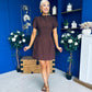 Ami Tulip Sleeve High Neck Mini Dress Chocolate