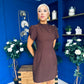 Ami Tulip Sleeve High Neck Mini Dress Chocolate