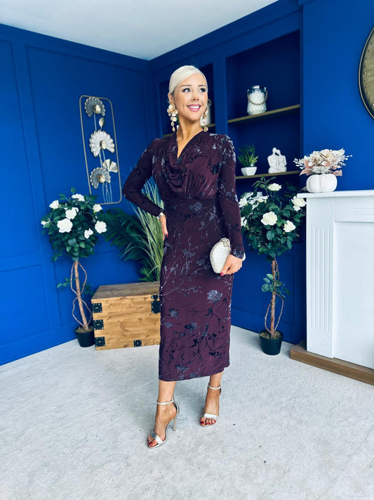 Remington Flocked Floral Cowl Neck Midi Dress Plum