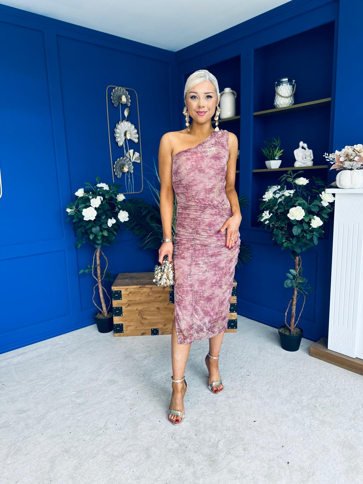 Kally Foiled One Shoulder Midi Dress Pink