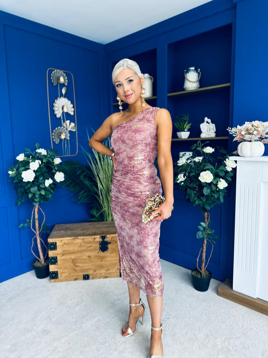 Kally Foiled One Shoulder Midi Dress Pink