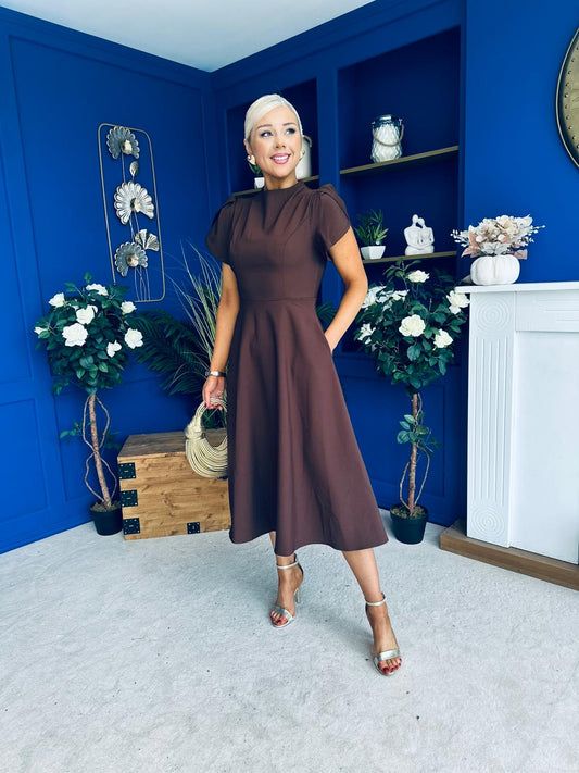 Katisha Tulip Sleeve High Neck Midi Dress Chocolate