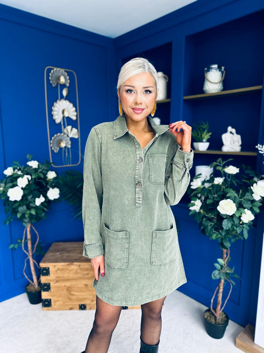Ryan Cord Mini Shift Dress Green