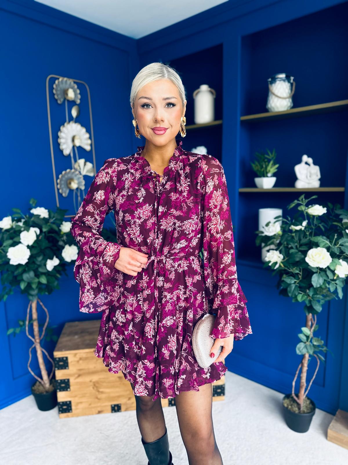Riana High Neck Mini Dress Floral Berry