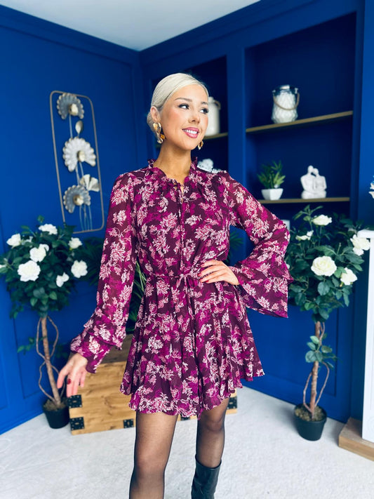 Riana High Neck Mini Dress Floral Berry