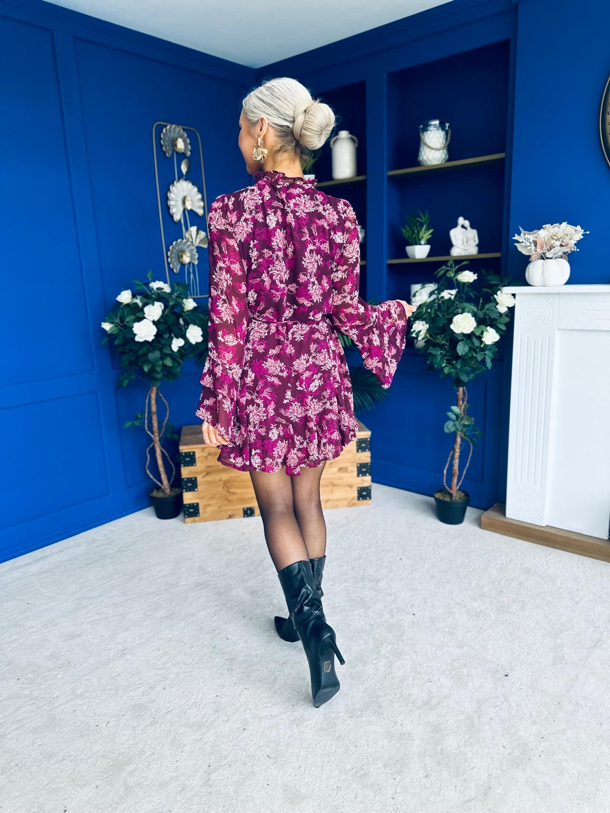 Riana High Neck Mini Dress Floral Berry