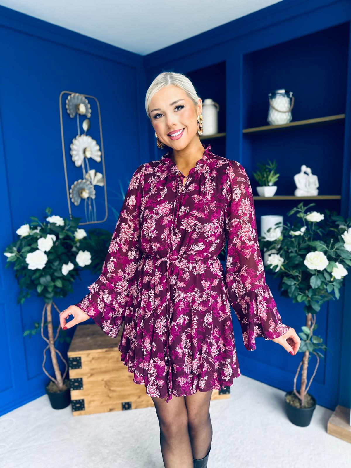 Riana High Neck Mini Dress Floral Berry